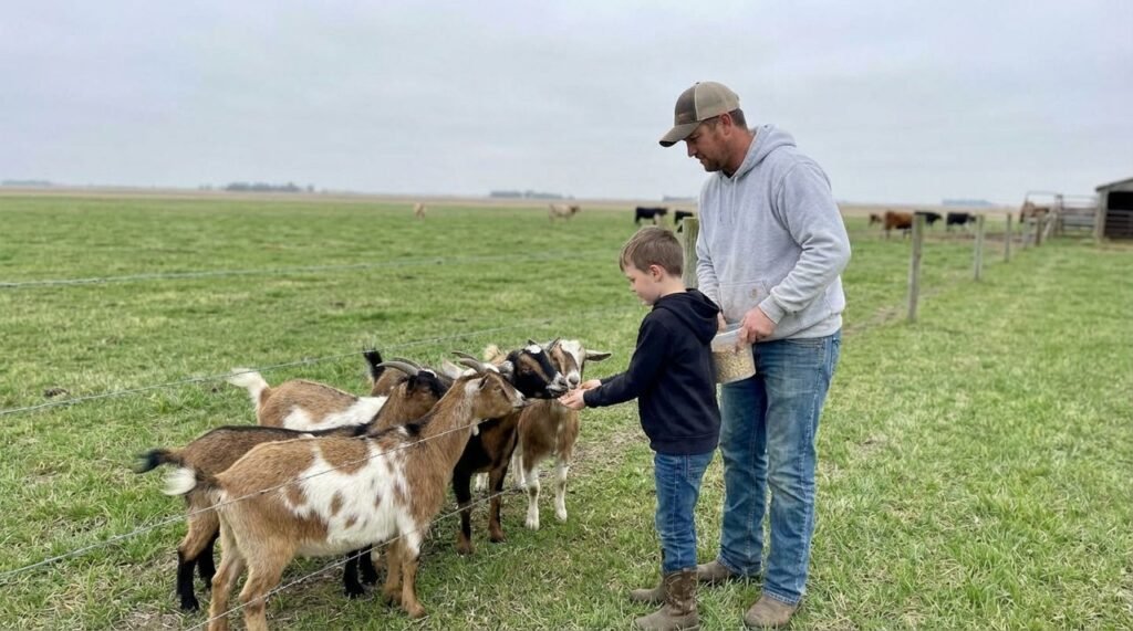 Adult and child feeding Nigerian Dwarf goats at a fence line on green pasture at The Mustard Ranch, Lexington NE