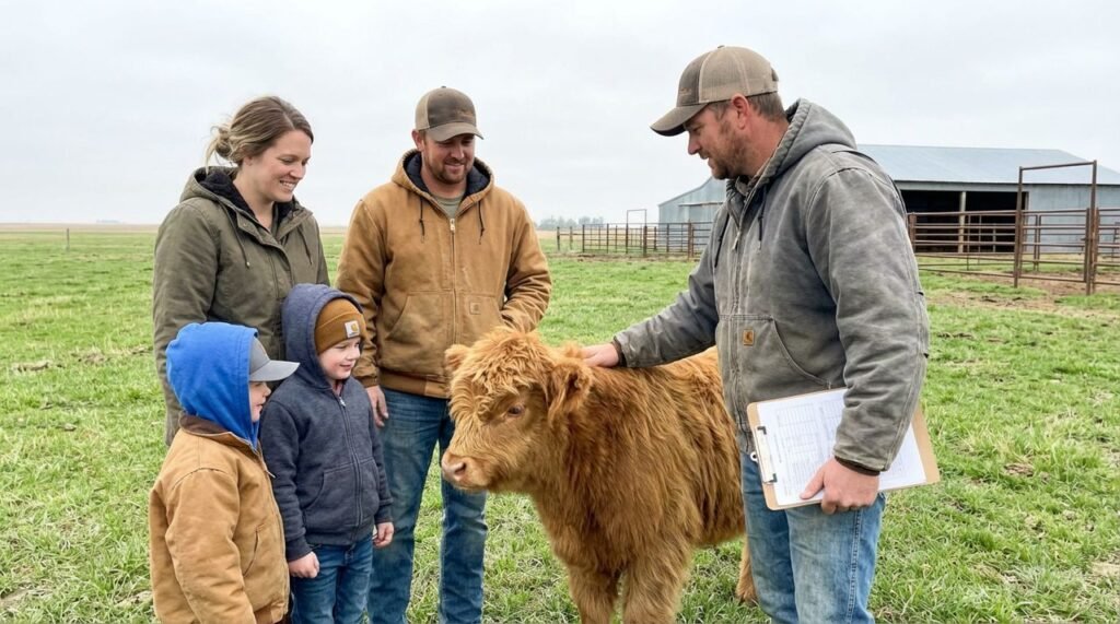 Ranch staff calmly checking a calf while the buyer family watches at The Mustard Ranch near Lexington, Nebraska