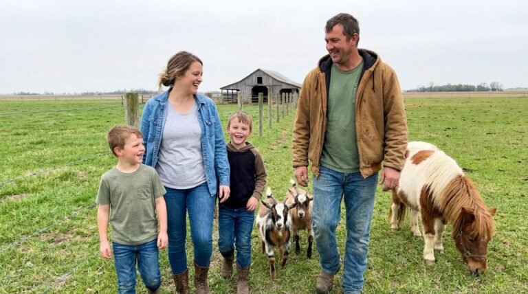 Family walking along a fence line with Nigerian Dwarf goats following and a mini pony nearby at The Mustard Ranch in Lexington, Nebraska