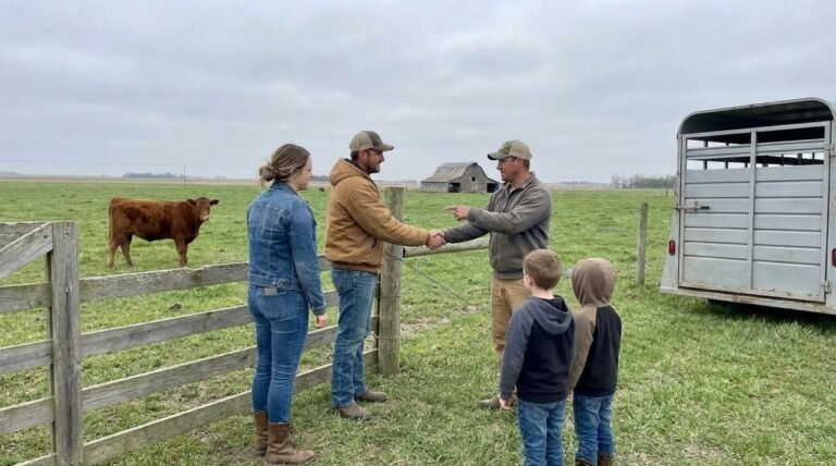 Buyer family meeting ranch staff at a gate with a calm calf nearby at The Mustard Ranch in Lexington, Nebraska