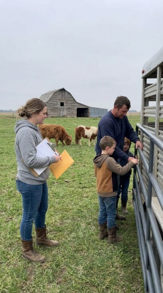 Family preparing for pickup near a trailer at The Mustard Ranch in Lexington, Nebraska, with paperwork kept private